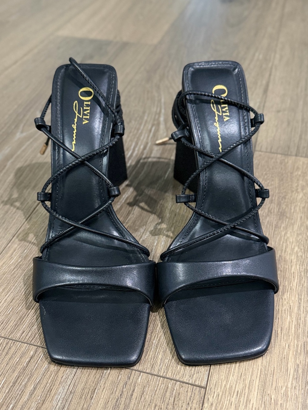 Black Lace-Up Strappy Block Heels - 9